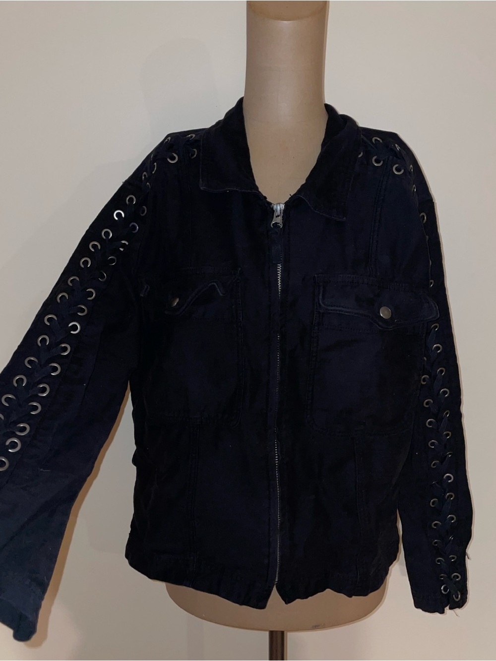 Free People Black Eyelet-Trim Jean Jacket -biker-goth - Picture 1 of 9